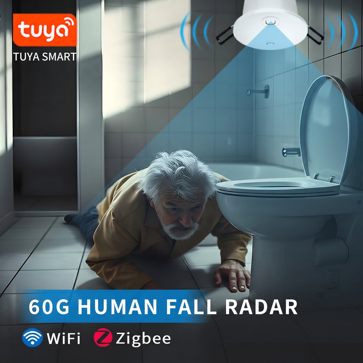 60GHz mmWave Radar Fall Detection Sensor - Wearable-Free Human Presence Monitor & Bathroom Fall Alarm for Elderly Care, Privacy-Safe No Camera, WiFi/Zigbee App Real-Time Alerts
