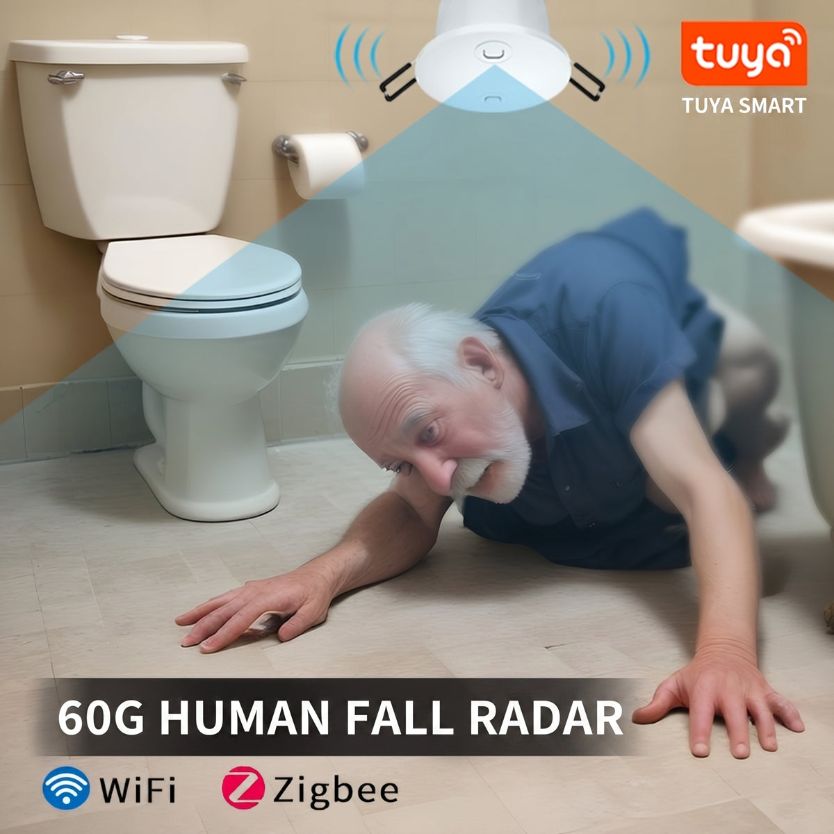 60GHz mmWave Radar Fall Detection Sensor - Wearable-Free Human Presence Monitor & Bathroom Fall Alarm for Elderly Care, Privacy-Safe No Camera, WiFi/Zigbee App Real-Time Alerts