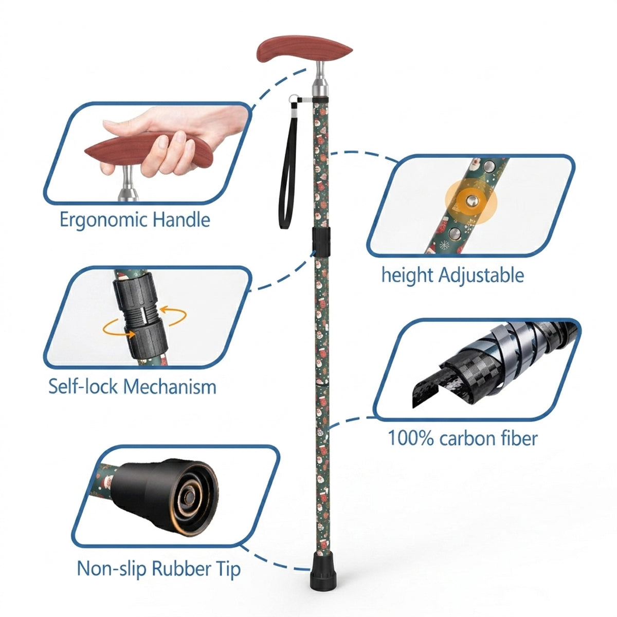 Printed Folding Cane for Seniors Men Women – Lightweight Adjustable Carbon Fiber Walking Stick for Travel & Daily Use