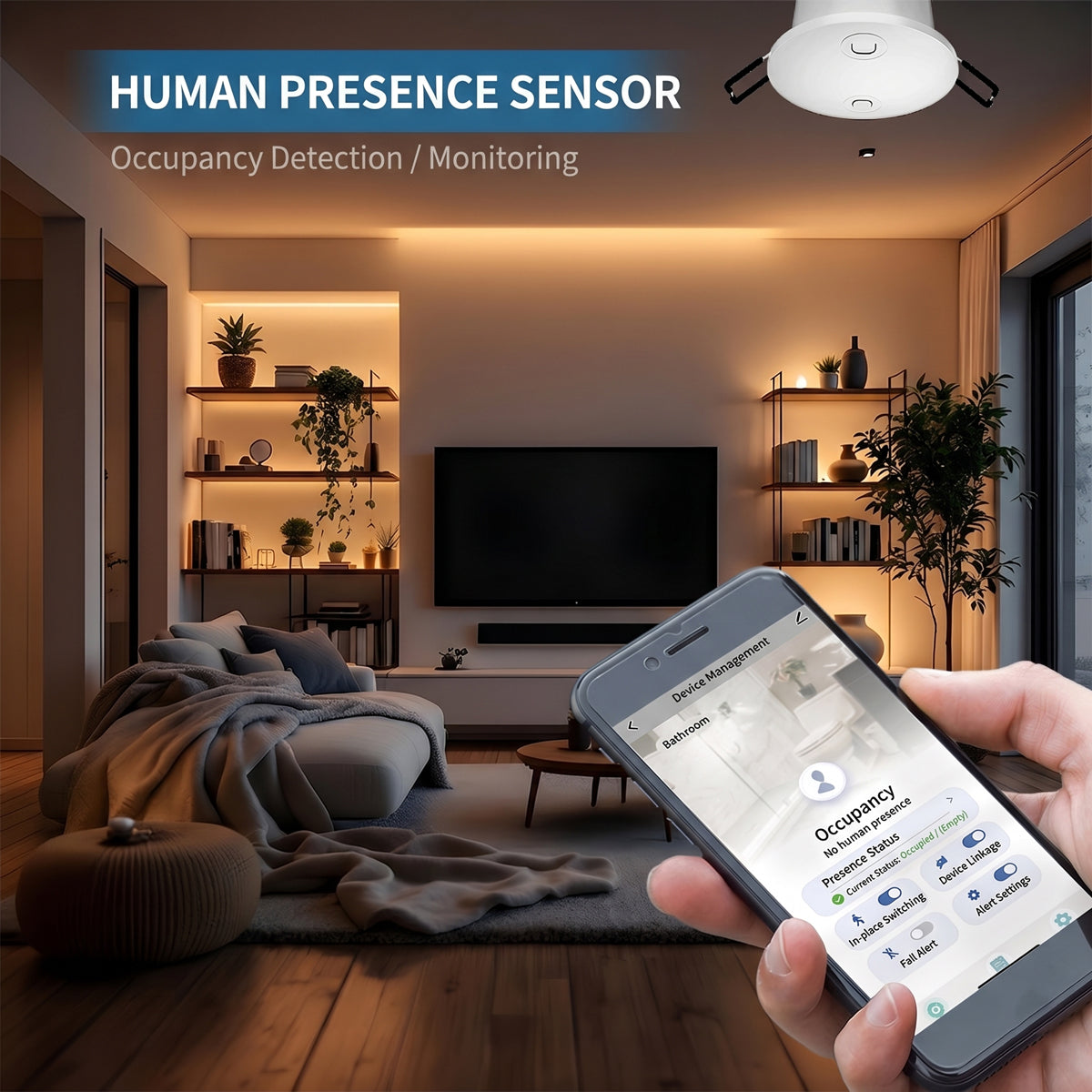 60GHz mmWave Radar Fall Detection Sensor - Wearable-Free Human Presence Monitor & Bathroom Fall Alarm for Elderly Care, Privacy-Safe No Camera, WiFi/Zigbee App Real-Time Alerts
